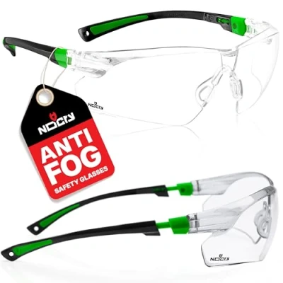 Image of NoCry Clear Safety Glasses for Work with Anti Fog Scratch Resistant Wrap Around Lenses and Non Slip Grips, UV Protection. Adjustable Eye Protection Cycling Squash Black &amp; Green Frames