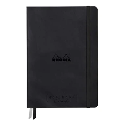Image of RHODIA 194150C Bullet Journal Goalbook Creation Rigid Notebook Black A5 15.5x21x2 cm 100 pages Clairefontaine Paper Lavis Technique Plain White 200 g/m 2 Ribbons Faux Leather Cover