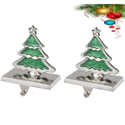 Image of Yuokwer Set of 2 Christmas Stocking Holders for Mantle Hangers Mantel Xmas Hooks Fireplace,Metal Shelf Hanger Mantelpiece Decoration (Xmas Tree)