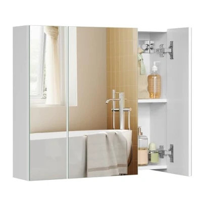 Image of VASAGLE BBK22WT Bathroom Wall Cabinet with Mirror, 3 Door Storage Unit, 60 x 15 55 cm, Adjustable Shelf, Modern, White