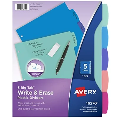 Image of Avery Durable Plastic 5 Tab Write &amp; Erase Big Dividers for 3 Ring Binders, Pastel Brights (16270)