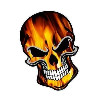 Image of Gothic Biker SKULL Design with Orange Realistic Flames Fire Motif Vinyl Car Bike Sticker Decal 110x75mm
