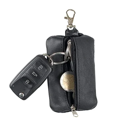 Image of bagwise Unisex Genuine Leather Keychain Holder with Key Ring &amp; Zipper Small Item Mini Pouch Holder, Black, S