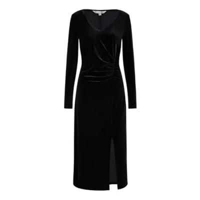 Image of Yumi Black Velvet V Neck Fitted Ruched Midi Dress 16