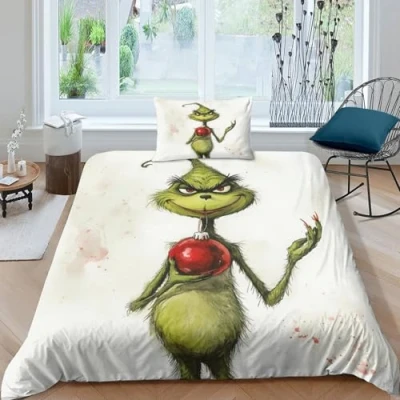 Image of SUFFERBOW Grinch for Boys Girls Quilt Cover 3D Print Christmas Comforter Covers Duvet Soft Microfiber with Pillow Cases Bedding Set Zipper Closure 2 Pieces Single（135x200cm）
