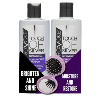 Image of Provoke Touch Of Silver Colour Care Bundle Neutralising Purple Shampoo &amp; Conditioner (200ml Each) with Folding Hairbrush and Mirror Brightens Protects Colour, Restores Moisture for Radiant Hair