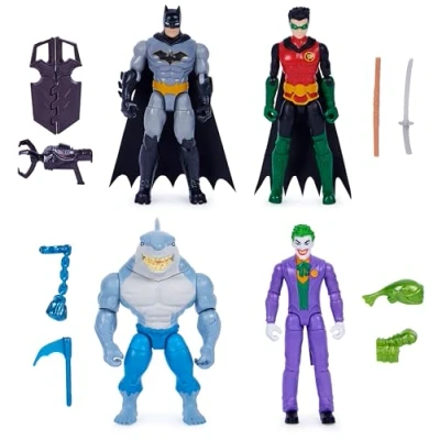 Image of DC Comics, Batman and Robin vs. The Joker King Shark, 4 inch Action Figures, Kids Toys for Boys Girls Ages 3 Up
