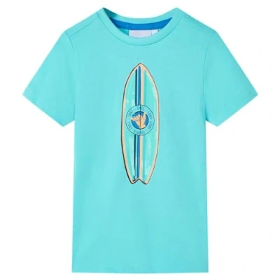 Image of vidaXL Kids&#039; T Shirt Short Sleeves, Round Neckline, Surfboard Print, Aqua Blue, Comfortable Cotton, Toddler Top, Child&#039;s Casual Wear Size 140