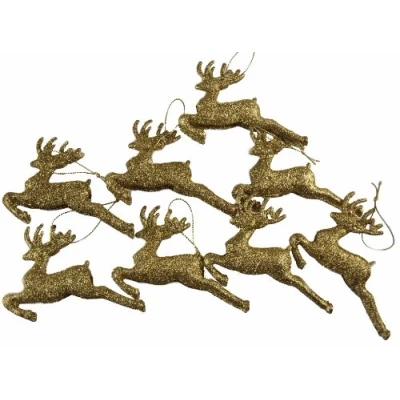 Image of DP Set Of 8 Gold Glitter Reindeer Christmas Tree Hanging Ornament Decorations