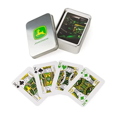 Image of John Deere Playing Cards in Tin, 52 Card Deck Featuring Tractor Image, Includes Collector&#039;s Tin Box with Logo, Game for Kids Aged 6 Years +
