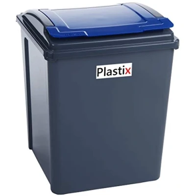Image of Plastix 50 Litre 50L Plastic Recycle Recycling Bin with Flap Lid Kitchen Garden Waste Rubbbish Bins Dustbin (Blue)