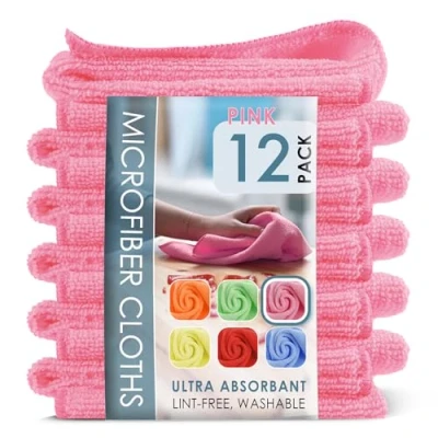 Image of Hearth &amp; Harbor Microfiber Cleaning Cloth, Towels for Cars 12 Pack Washcloths, Pink Rags, Reusable Towel, Cloth Rags Cleaning, Lint Free