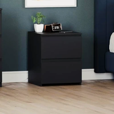 Image of Vida Designs Side Table with 2 Drawer Nightstands Bedroom Furniture, (Black Matte)