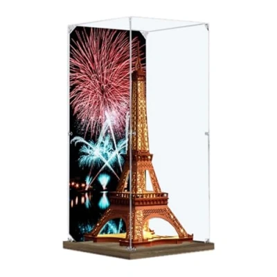 Image of Acrylic 3mm Display Box for Lego Eiffel Tower Night Model, Transparent Dustproof Box, Storage Compatible with Model (Model Not Included) (Wooden Base)