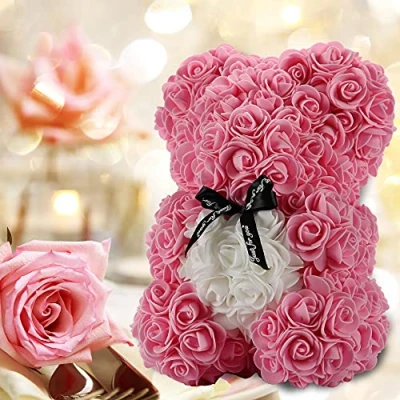 Image of Gifts for Women，Birthday ，Rose Flower Bear Hand Made Rose Teddy Bear,Best Artificial Decoration mom, Girls,Unique Gifts,The Perfect Party Clear Gift Box (Pink)