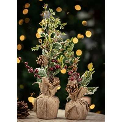 Image of Marco Paul Set of 2 Rustic Artificial Christmas Tree in Burlap Sack Decorative Festive Xmas Faux Foliage Home Decoration Décor Indoor Ornament Floral Table Centrepiece