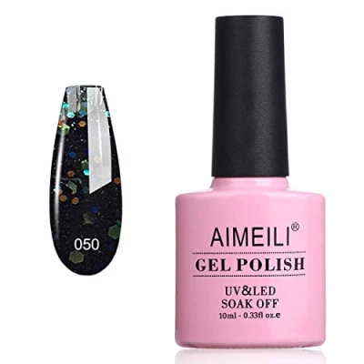 Image of AIMEILI Soak Off UV LED Glitter Gel Nail Polish Black Diamond (050) 10ml