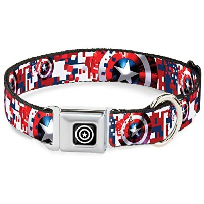 Image of Dog Collar Seatbelt Buckle Captain America Shield Digital Camo Blue White Red 11 to 17 Inches 1.0 Inch Wide, DC WCA041 M