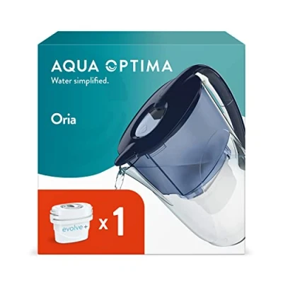 Image of Aqua Optima Oria Water Filter Jug &amp; 1 x 30 Day Evolve+ Cartridge, 2.8 Litre Capacity, for Reduction of Microplastics, Chlorine, Limescale and Impurities, Blue