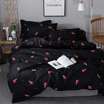 Image of Loussiesd Mushroom Duvet Cover Set Double Bedding Children&#039;s Nature Themed Comforter with 2 Pillowcases Decorative Microfiber Bedspread 3 Pieces Black Red