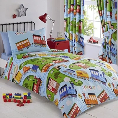 Image of Kids Boys Blue Green Steam Engine Trains Railway Reversible Single Duvet Set