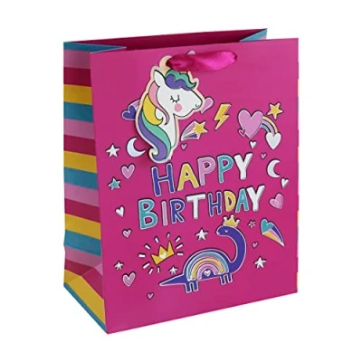 Image of Eurowrap Pink Dinosaur Unicorn Happy Birthday Gift Bag With Tag Girls Kids Occassions Large