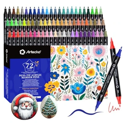 Image of Artecho Acrylic Paint Pens 72 Colors, Dual Tip Markers with Brush and Fine for Rock Painting, Glass, Paper, Wood, Egg, Canvas, Fabric, leather, DIY Crafts