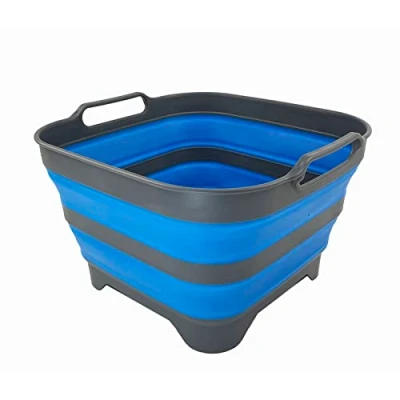 Image of SAMMART 10L Collapsible Dishpan with Draining Plug Foldable Washing Basin Portable Dish Tub Space Saving Kitchen Storage Tray (Grey/Blue)