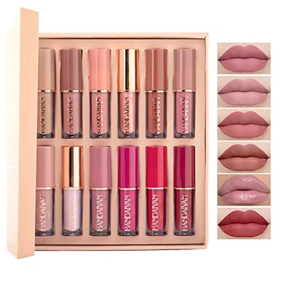 Image of 10Pcs Matte liquid lipstick with 2 Glitter Makeup Set, Nude Long Lasting Wear Non Stick Cup Not Fade Waterproof Lip Gloss Make up Gift Set