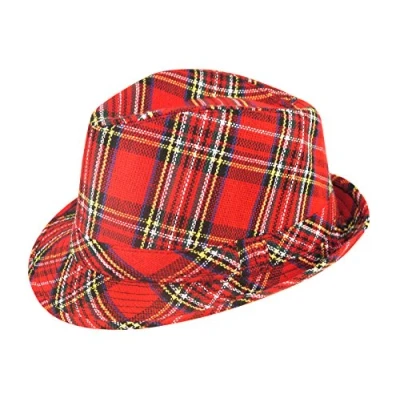 Image of labreeze Red Tartan Trilby Gangster Scottish Hat Burns Night out Fancy Dress Accessory