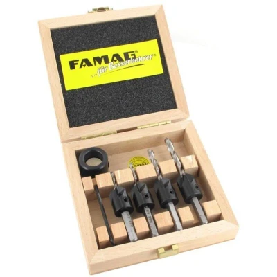 Image of FAMAG Set of 5 Pieces in Wooden Case, Drill Bits Type 3500 3, 4, 5, 6mm with Countersink 2100, Depth Adjusting Collar, F357250300