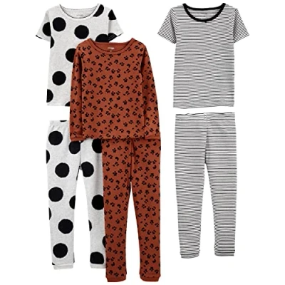 Image of Simple Joys by Carter&#039;s Girl&#039;s 6 Piece Snug Fit Cotton Pajama Set, Brown Animal Print/Grey Polka Dot/White Stripes, Years (Pack of 3)