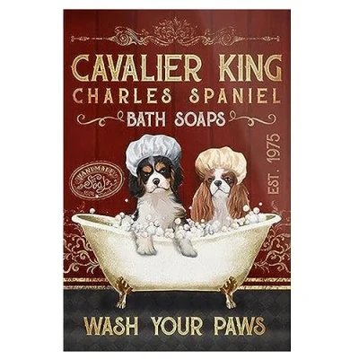 Image of Metal Signs Cavalier King Charles Spaniel Dog Bath Soap Company Wash Your Paws Vintage Retro Aluminum Sign for Home Coffee 8x12 Inch