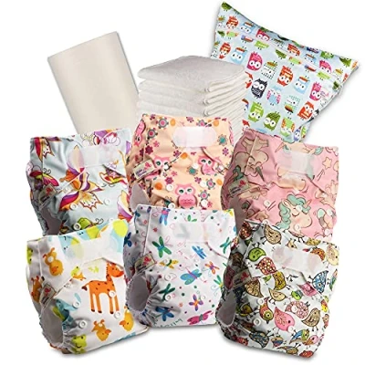 Image of Littles &amp; Bloomz Baby Reusable Nappy Cloth Pocket Diaper, Standard Hook and Loop, 6 Nappies + Inserts, 1 Disposable Bamboo Liner, Wet Bag, 603VM6