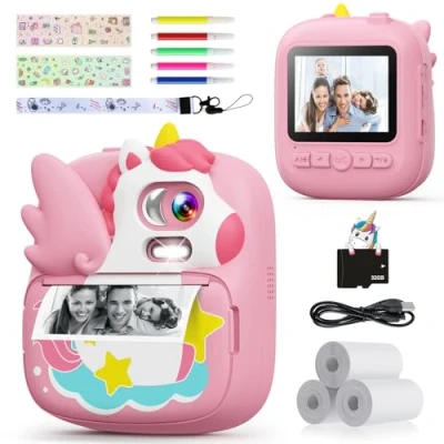 Image of CAMCLID Kids Camera Instant Print, 2.4’‘ for with 32G Card &amp; Print Photo Paper, 1080P HD Video Toddler Camera, Christmas Birthday Gifts Boys Girls Age 3 12(Pink)