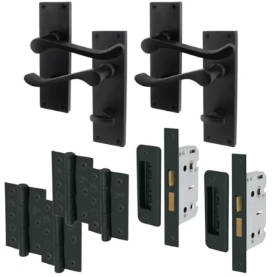 Image of EAI Black Victorian Scroll Bathroom Door Handle Set 2 Pairs of Matt Internal Lever Handles on Backplate with Hinges (76mm) &amp; Locks (64mm)