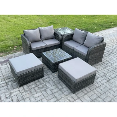 Image of Fimous 6 Seater High Back Rattan Garden Furniture Set with Square Coffee Table 2 Big Footstool Love Sofa Indoor Outdoor Patio Lounge Dark