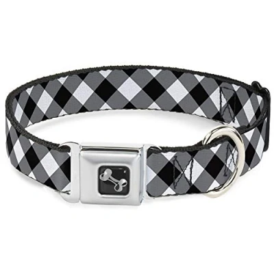 Image of Dog Collar Seatbelt Buckle Diagonal Buffalo Plaid Black White 15 to 26 Inches 1.0 Inch Wide