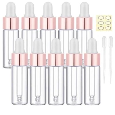 Image of Apstaqeoo 10Pcs, 5Ml Clear Glass Sample Dropper Bottles, Empty Mini Bottles with Pipettes Rose Gold Aluminum Alloy Cap Refillable Container for Essential Oils Perfume Cosmetic Liquid