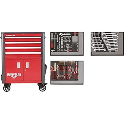 Image of EUROKRAFTpro Wingman Workshop Trolley Includes 129 Tools 4 Drawers Piece Tool Kit HxWxD 1034 x 724 470mm