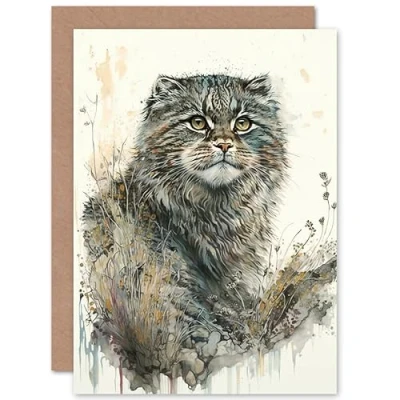 Image of Artery8 Manul Pallas Cat Portrait in Wildflowers Watercolour Illustration Art Birthday Sealed Greeting Card Plus Envelope Blank inside