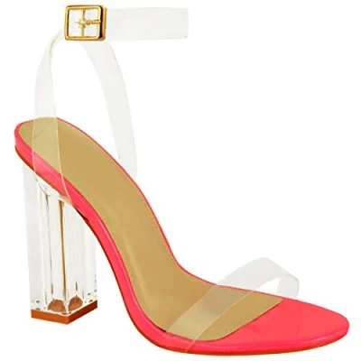 Image of Fashion Thirsty Womens Perspex Clear See Through Party Sandals Block High Heel Strappy Neon Pink