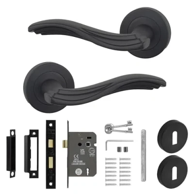 Image of Decoranddecor Solace Matt Black Privacy Aluminium Door Lever Handles Sash Lock Kit Set