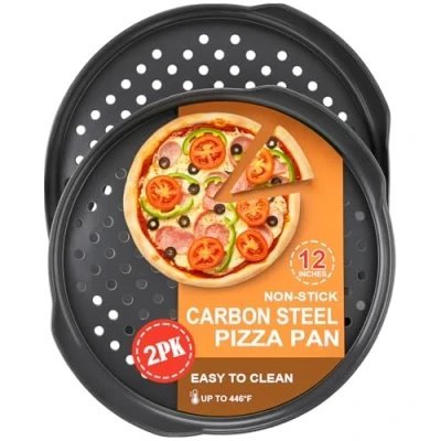 Image of CoCoCherry 2 Pack 14 Inch Pizza Trays for Oven Non Stick， Perforated Round with Handle， Carbon Steel Pans, Freezer and Fridge Safe