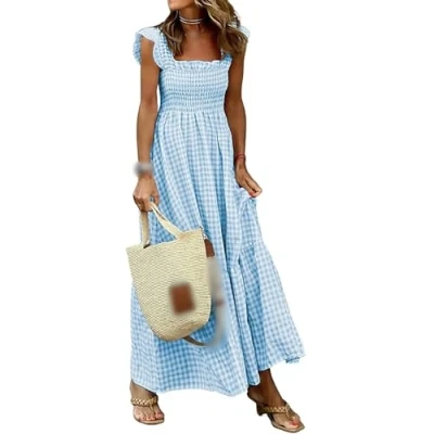 Image of Mousegirl New Multi Plaid Smocked Bust Maxi Dress, Women&#039;s Summer Retro Spaghetti Strap Square Neck Flounce Long Dress (Blue,Medium)