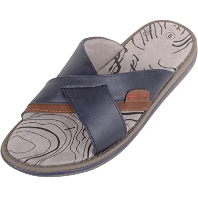 Image of ABSOLUTE FOOTWEAR Mens Cross Over Summer Holiday Faux Leather Slip On Mule Sliders Sandals Navy/Tan UK 9