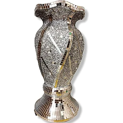 Image of Large Crushed Diamond Mirrored Silver Vase Handmade Ceramic Sparkling Flower Pot Sculpture Glamorous Modern Bling Ornament, 30cms Height