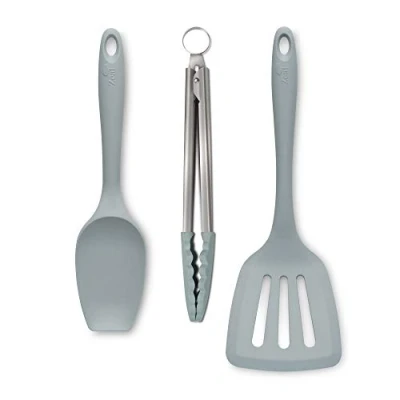 Image of Zeal JSET27B Non Stick Silicone Spatula Spoon, Cooking Tongs &amp; Turner 3 Piece Set Duck Egg Blue