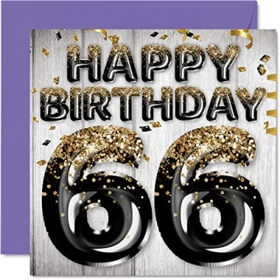 Image of 66th Birthday Card for Men Black &amp; Gold Glitter Balloons Happy Cards 66 Year Old Man Dad Grandad Grandpa Gran Uncle, 145mm x Sixty Six Sixth Bday Greeting Gift