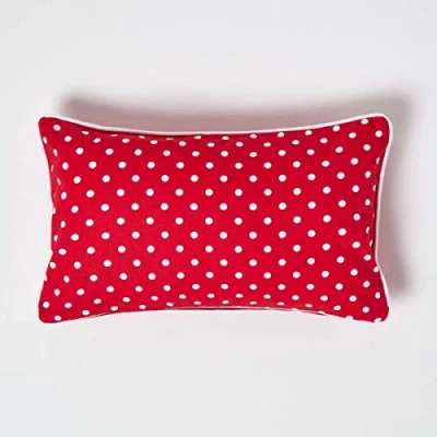 Image of HOMESCAPES 100% Cotton Polka Dots Cushion Cover 30 x 50 cm Rectangular 12 20 Inches Red White Sofa Pillow Washable